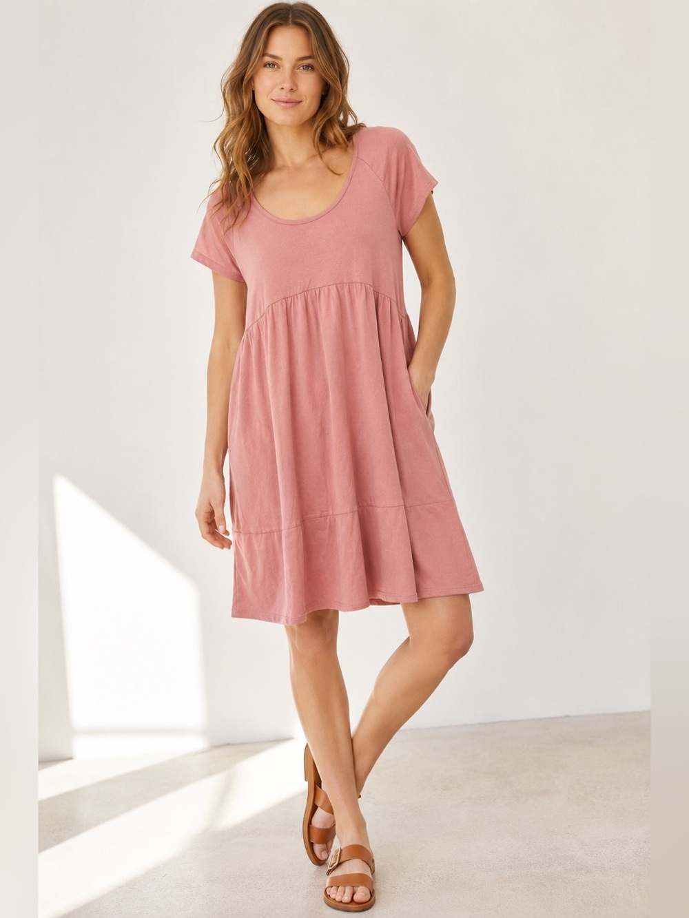 Pact organic cotton tiered mini dress size small babydoll pockets scoop neck